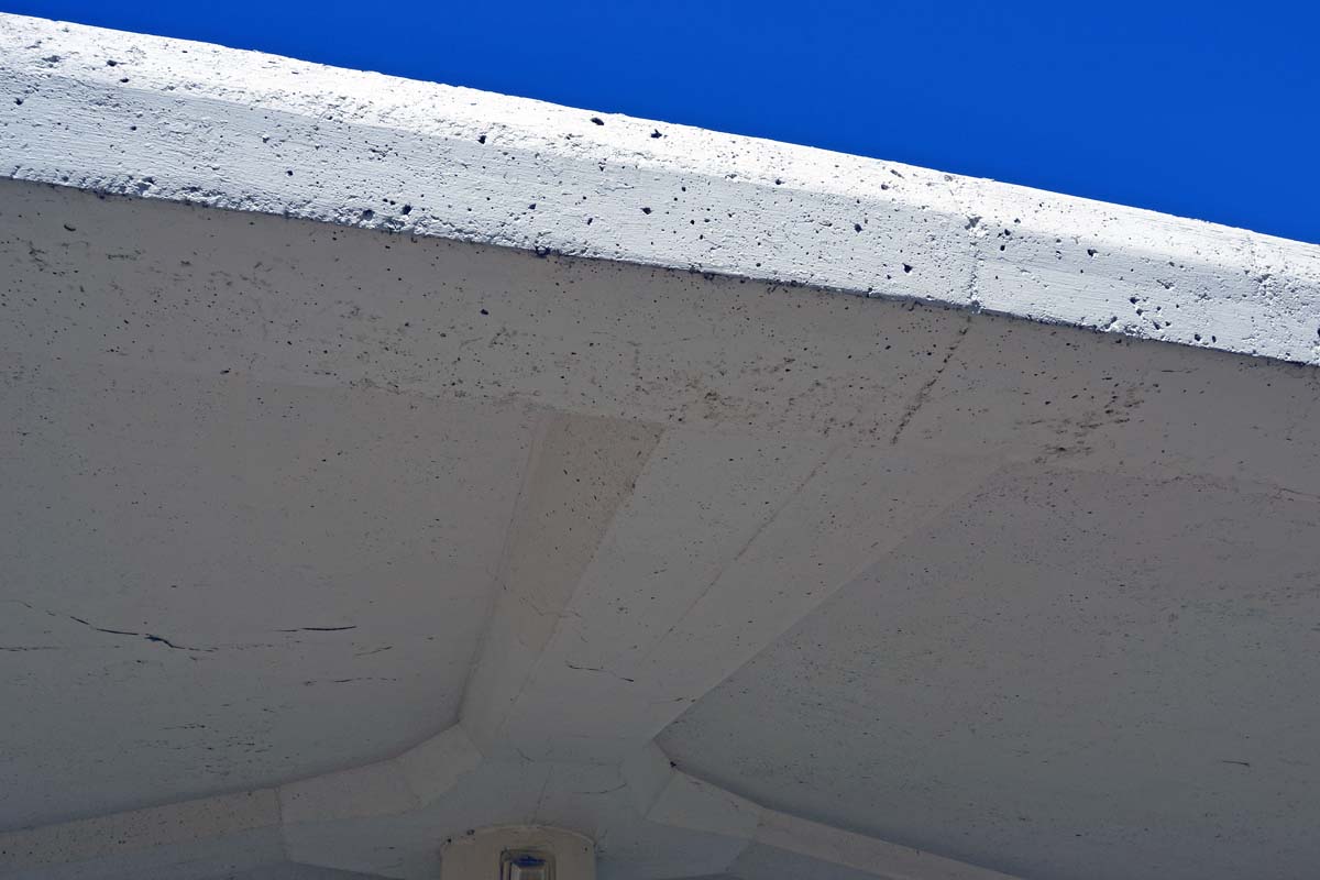 Close-up view of Colby Rest Area Shelters showing the supporting ribs of the thin-shell concrete roof in April 2018.