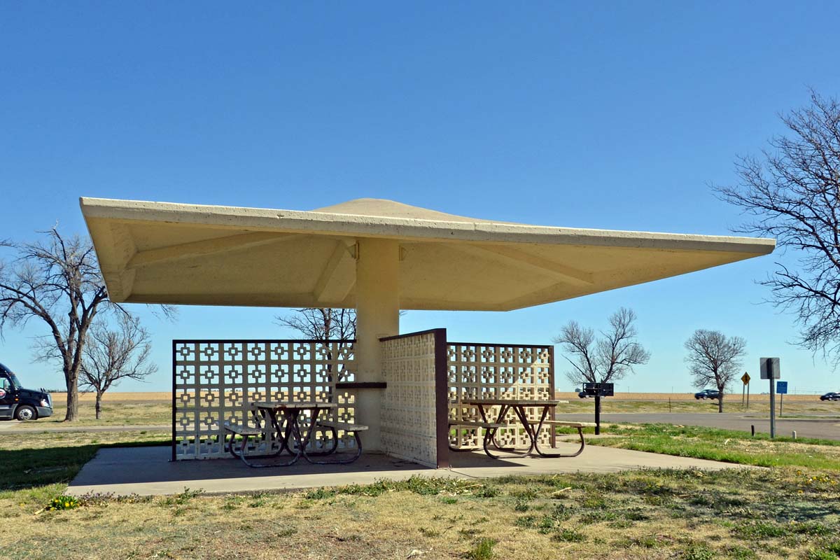 General view 2 of Colby Rest Area Shelters showing the thin-shell concrete roof in April 2018.