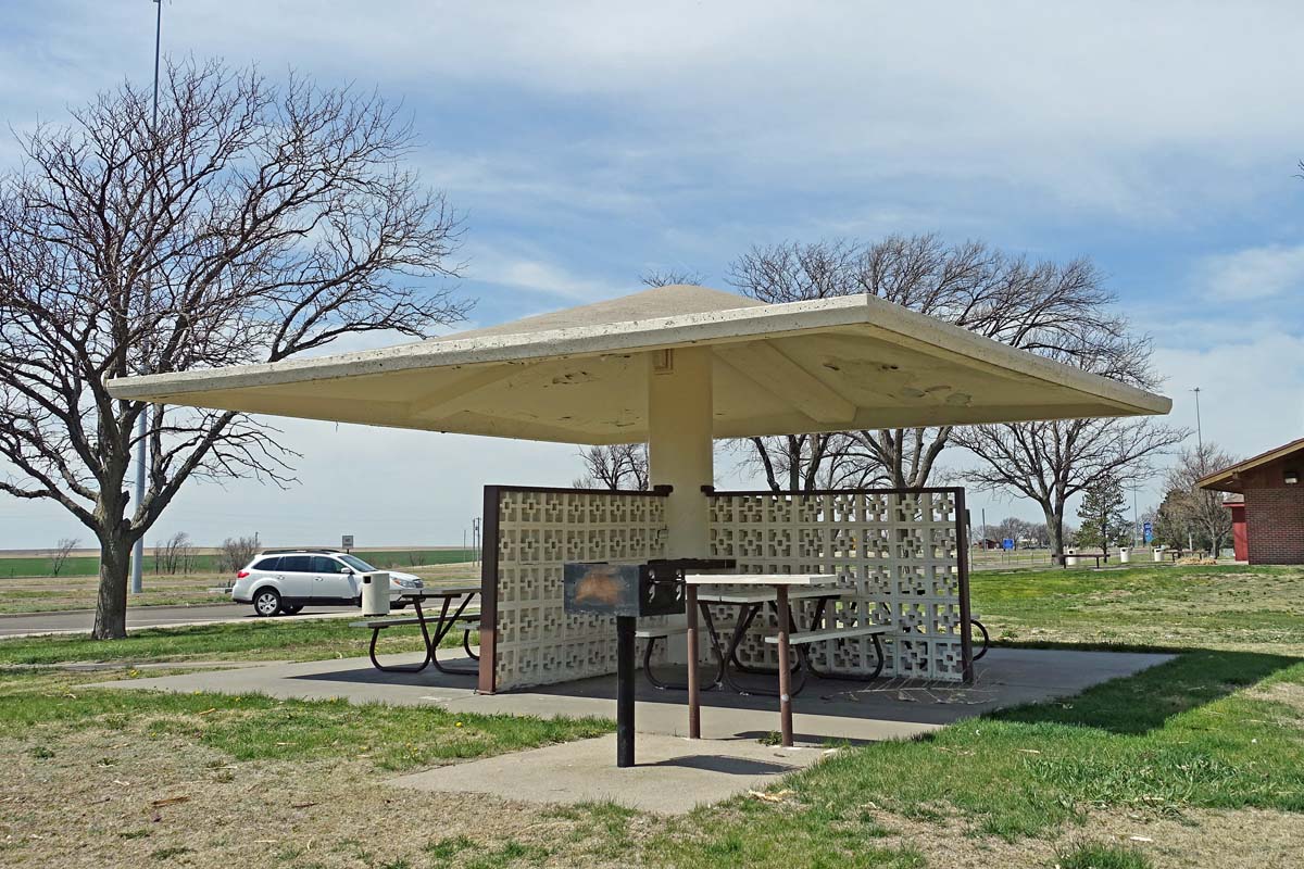 General view 3 of Colby Rest Area Shelters showing the thin-shell concrete roof in April 2018.