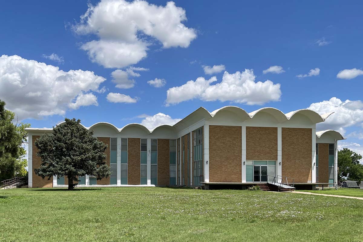 General view 4 of St. Francis Seminary showing the thin-shell concrete roof in June 2023.