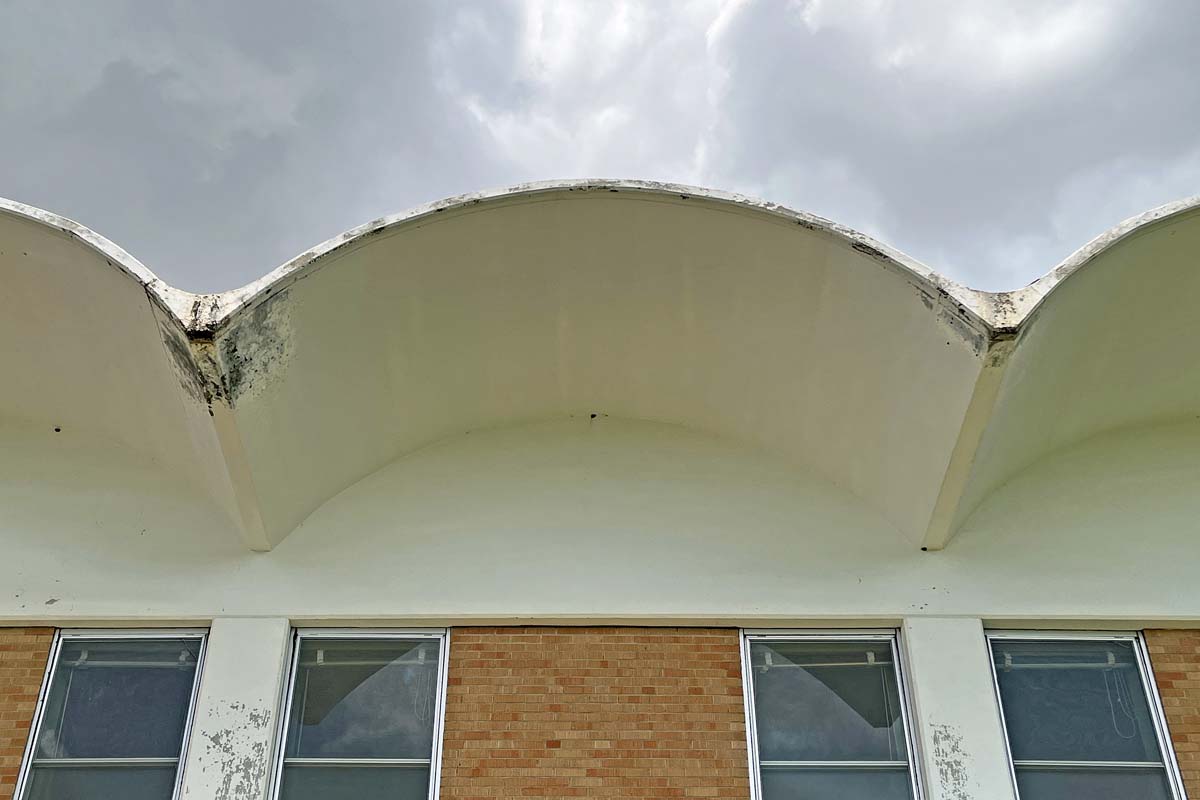Close-up view 1 of St. Francis Seminary showing the thin-shell concrete roof in June 2023.