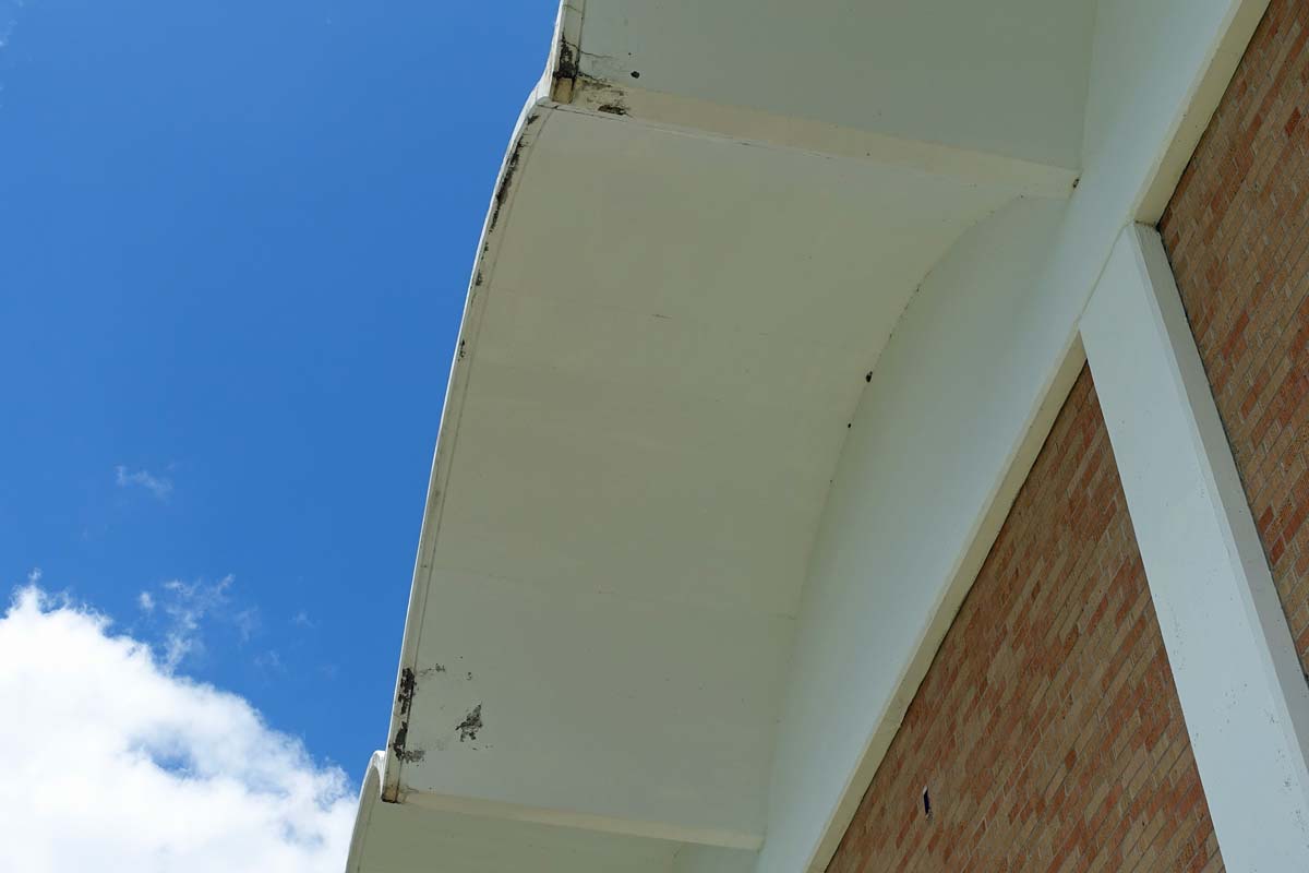 Close-up view 2 of St. Francis Seminary showing the thin-shell concrete roof in June 2023.