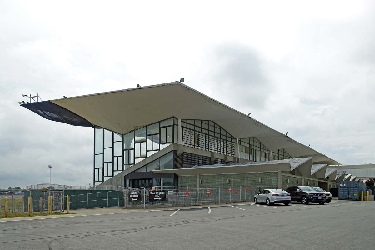 General view 5 of the Scioto Downs grandstand showing the thin-shell concrete roof in July 2019.