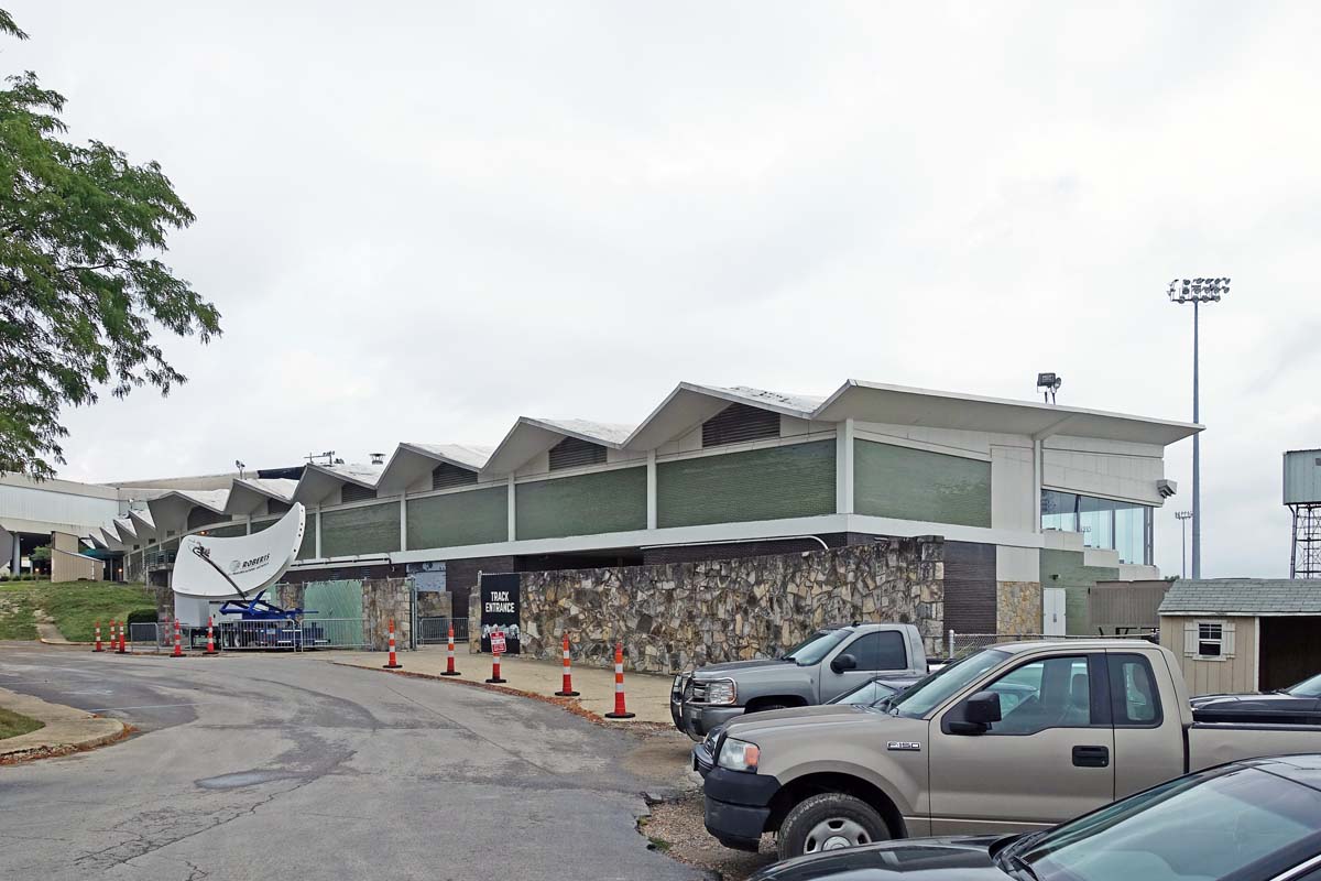 General view 1 of the Scioto Downs large building with folded-plate concrete roof in July 2019.