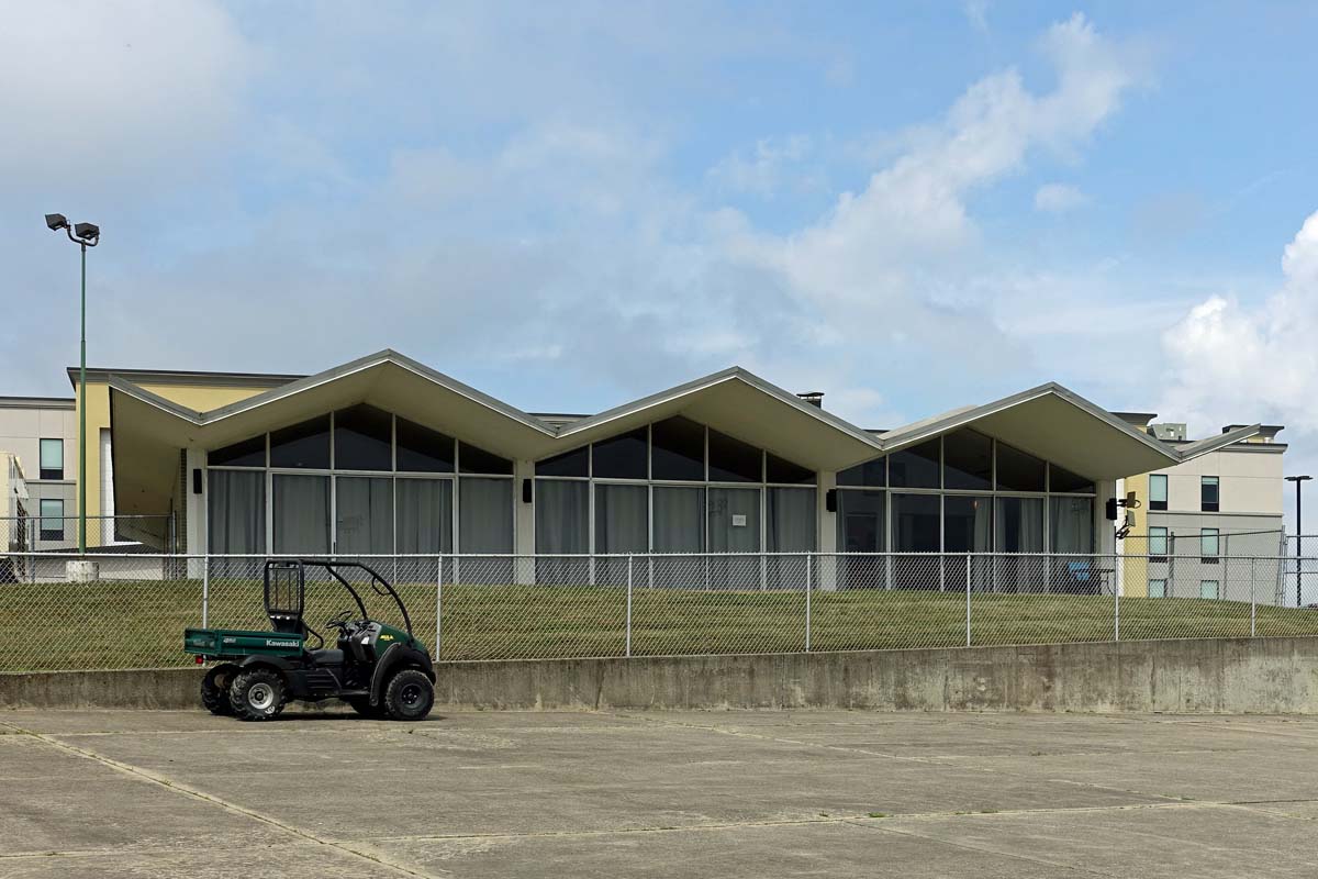 General view 1 of the Scioto Downs small building with folded-plate concrete roof in July 2019.