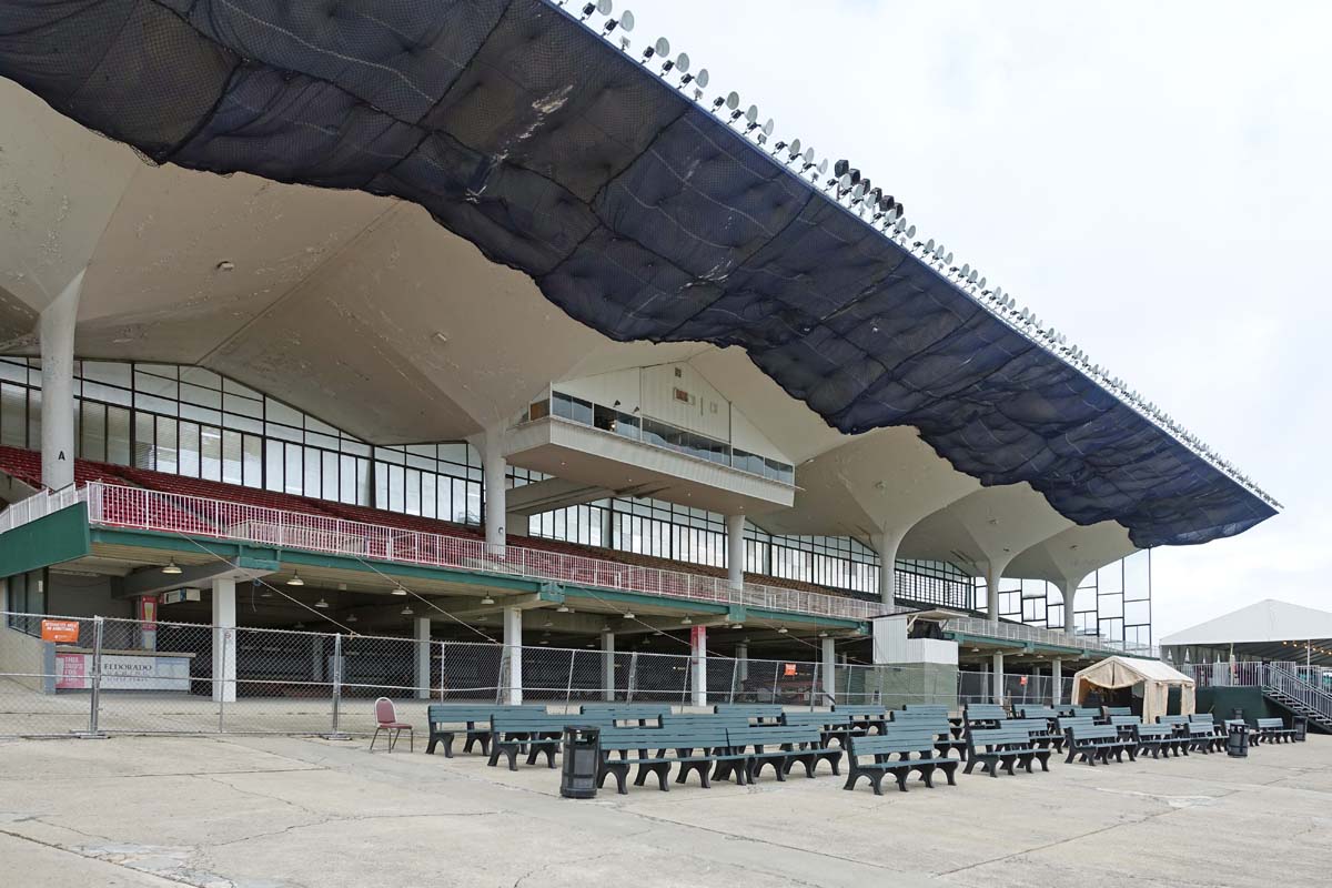 General view 1 of the Scioto Downs grandstand showing the thin-shell concrete roof in July 2019.