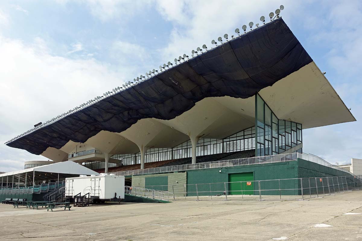 General view 3 of the Scioto Downs grandstand showing the thin-shell concrete roof in July 2019.