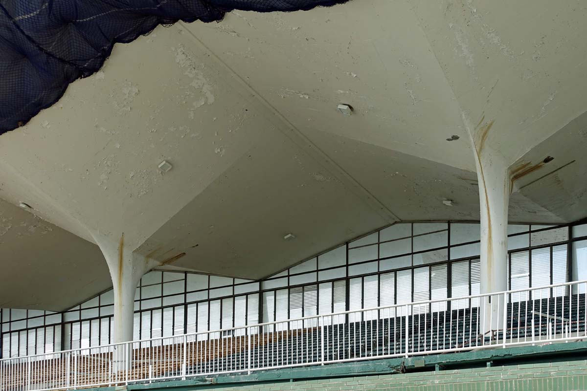Close-up view 2 of the Scioto Downs grandstand showing the thin-shell concrete roof in July 2019.