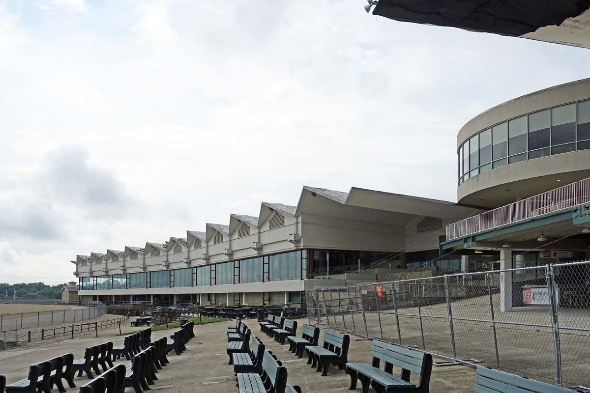 General view 3 of the Scioto Downs large building with folded-plate concrete roof in July 2019.