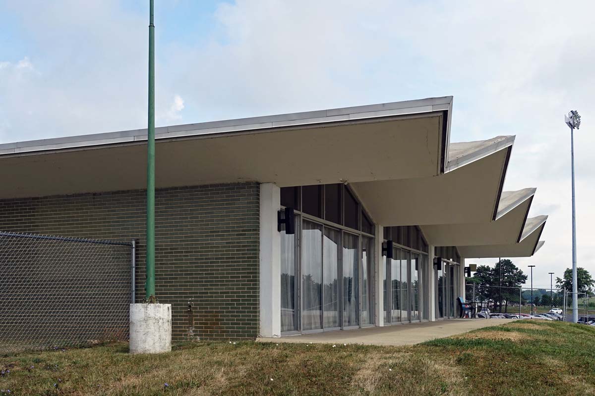 General view 3 of the Scioto Downs small building with folded-plate concrete roof in July 2019.