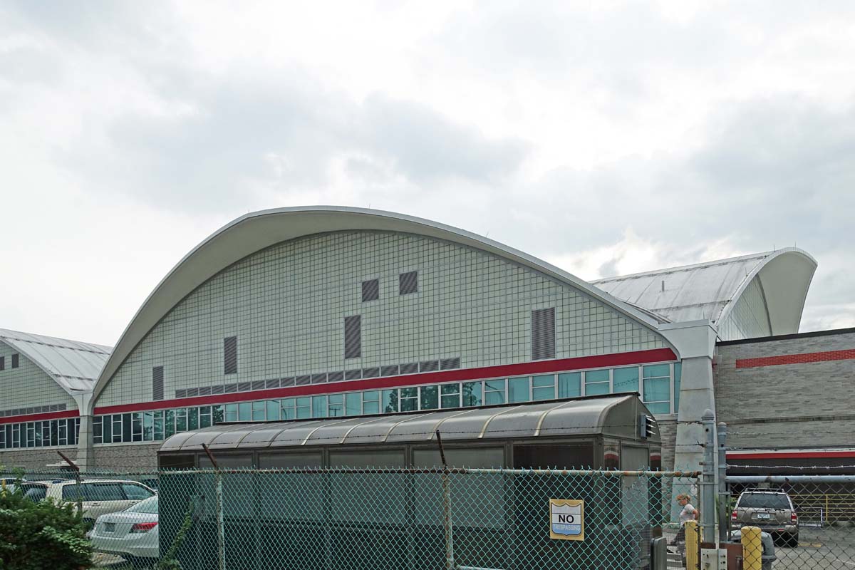 General view 1 of the Providence postal facility showing the thin-shell concrete roof in August 2019