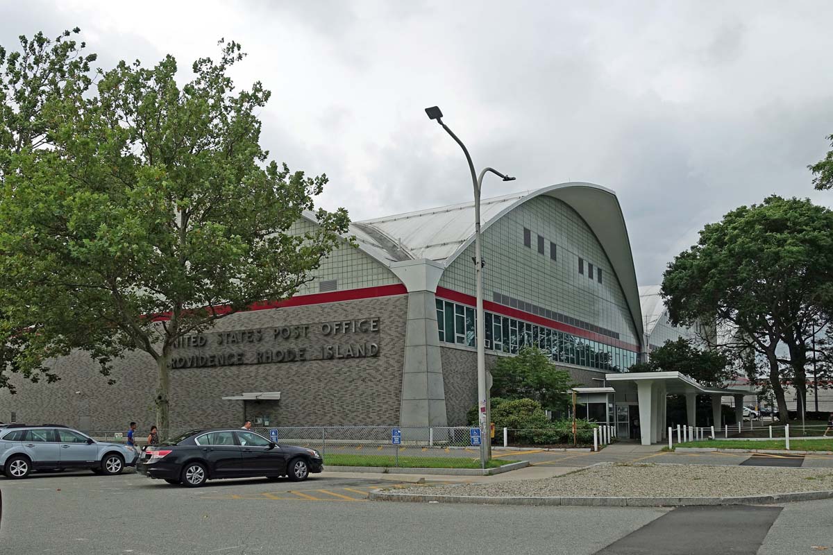 General view 1 of the Providence postal facility showing the thin-shell concrete roof in August 2019.