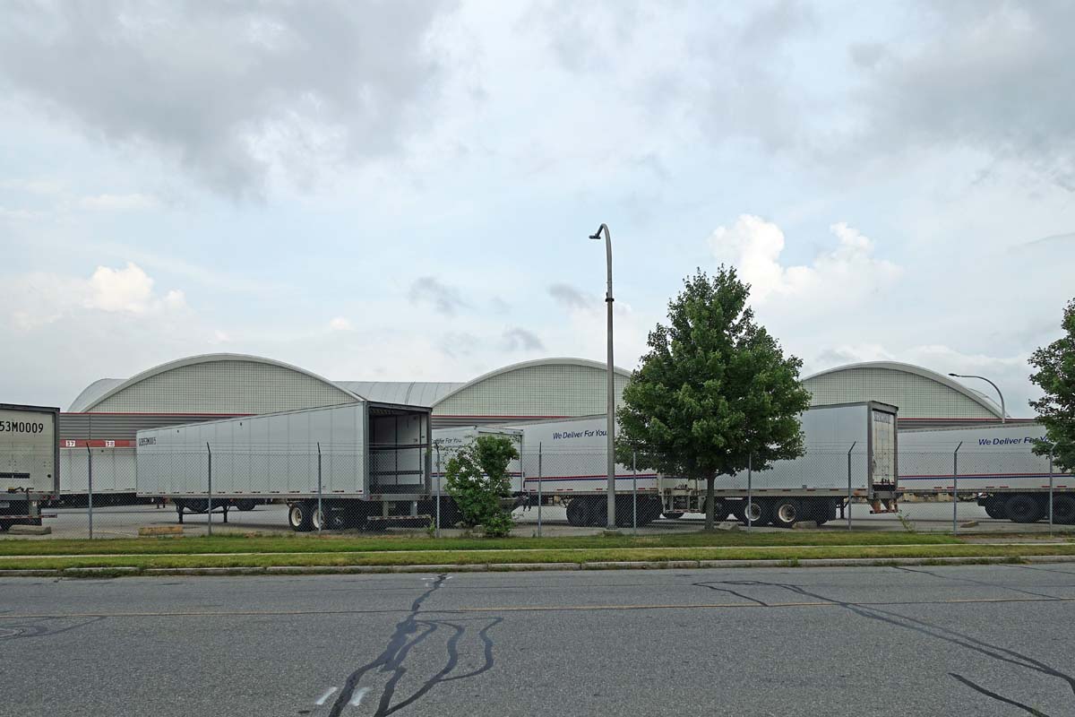 General view 1 of the Providence postal facility showing the thin-shell concrete roof in August 2019.