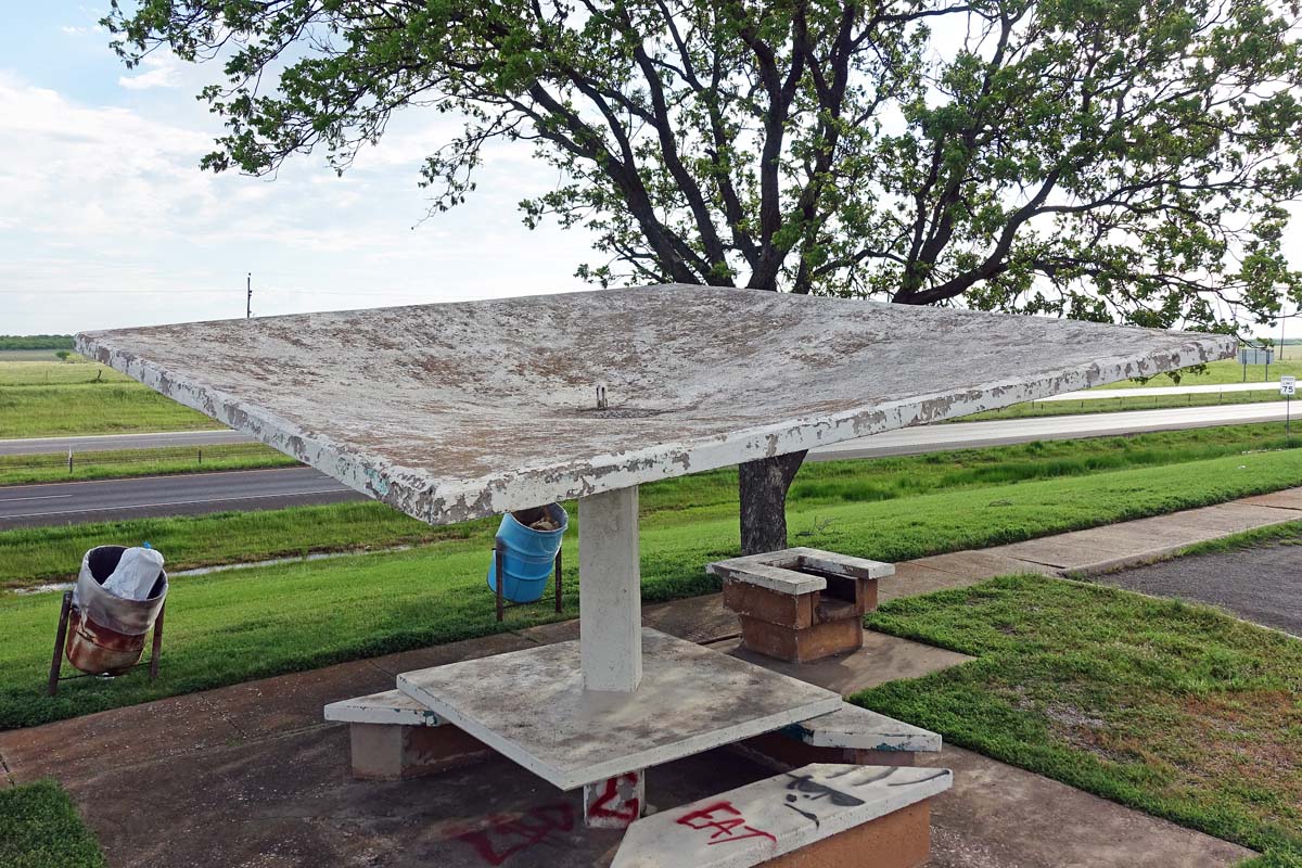 General view 4 of Jolly Rest Area Shelters showing the thin-shell concrete roof in April 2019.