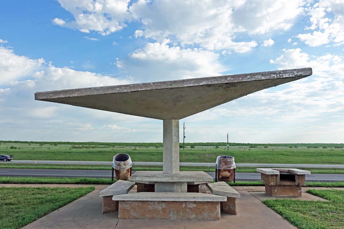 General view 5 of Jolly Rest Area Shelters showing the thin-shell concrete roof in April 2019.