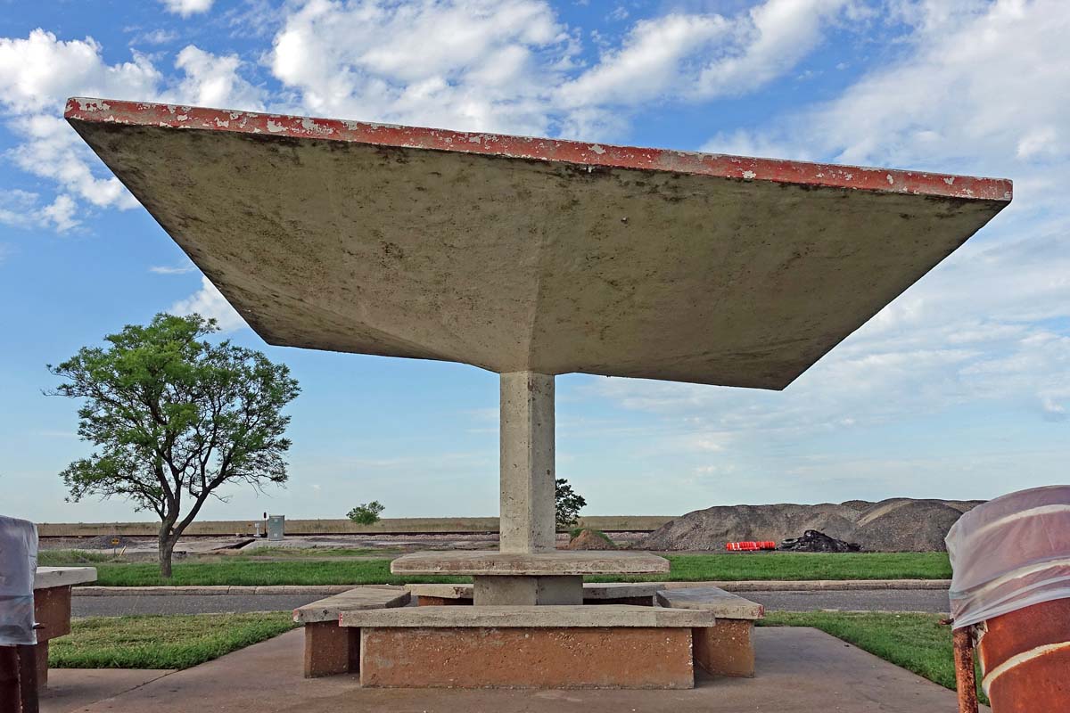 General view 7 of Jolly Rest Area Shelters showing the thin-shell concrete roof in April 2019.