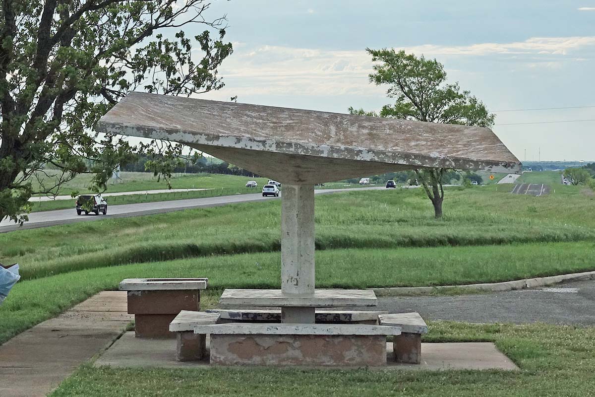 General view 9 of Jolly Rest Area Shelters showing the thin-shell concrete roof in April 2019.