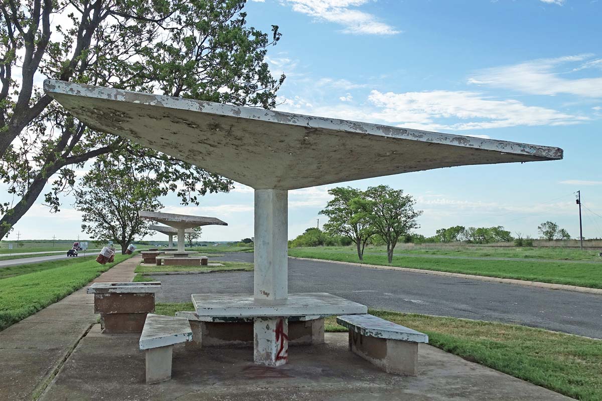 General view 1 of Jolly Rest Area Shelters showing the thin-shell concrete roof in April 2019.