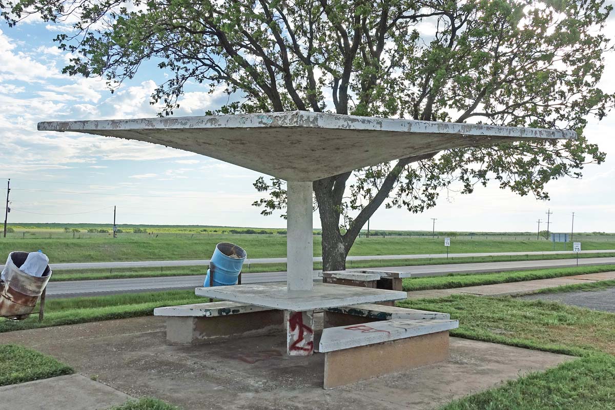 General view 2 of Jolly Rest Area Shelters showing the thin-shell concrete roof in April 2019.
