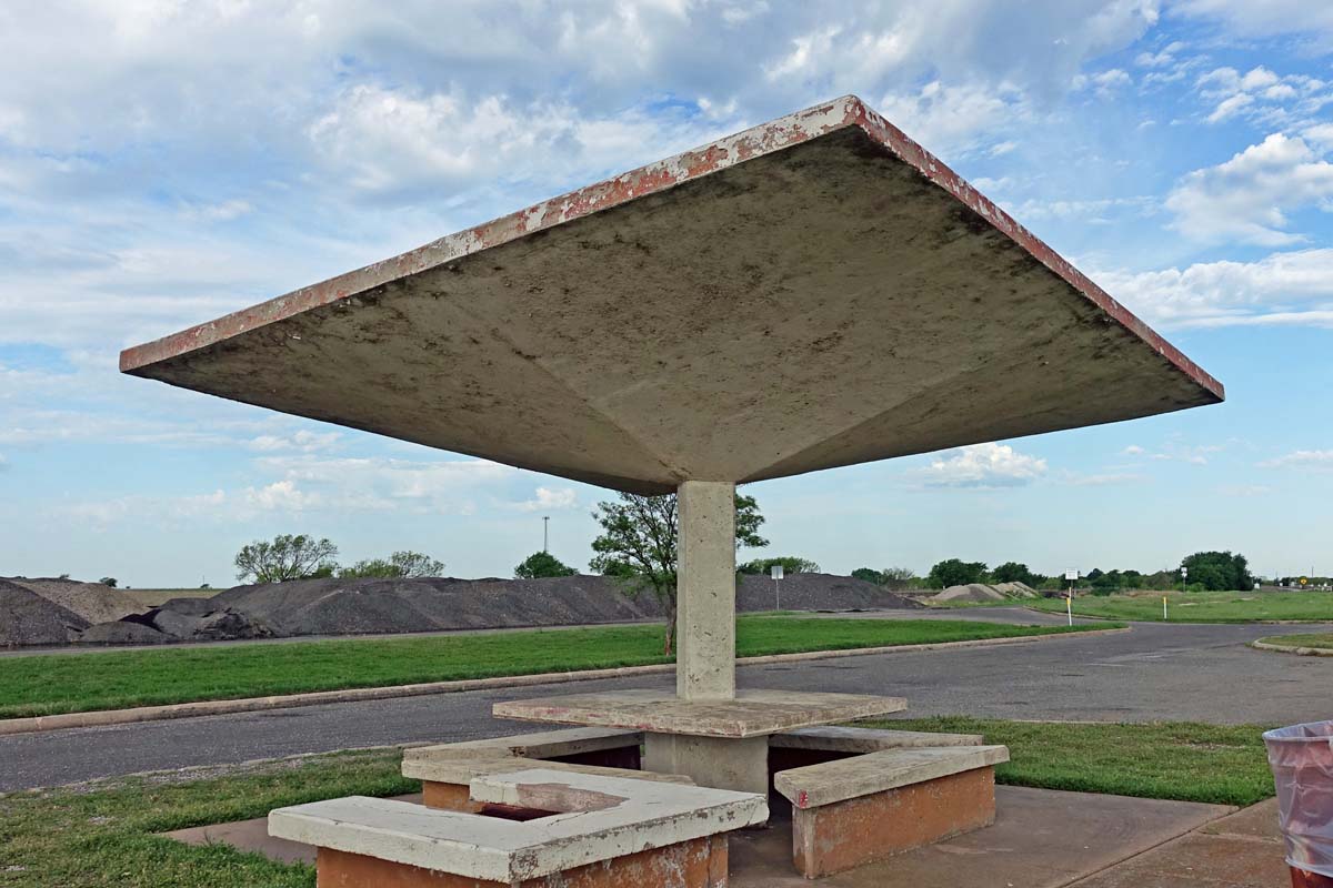 General view 6 of Jolly Rest Area Shelters showing the thin-shell concrete roof in April 2019.
