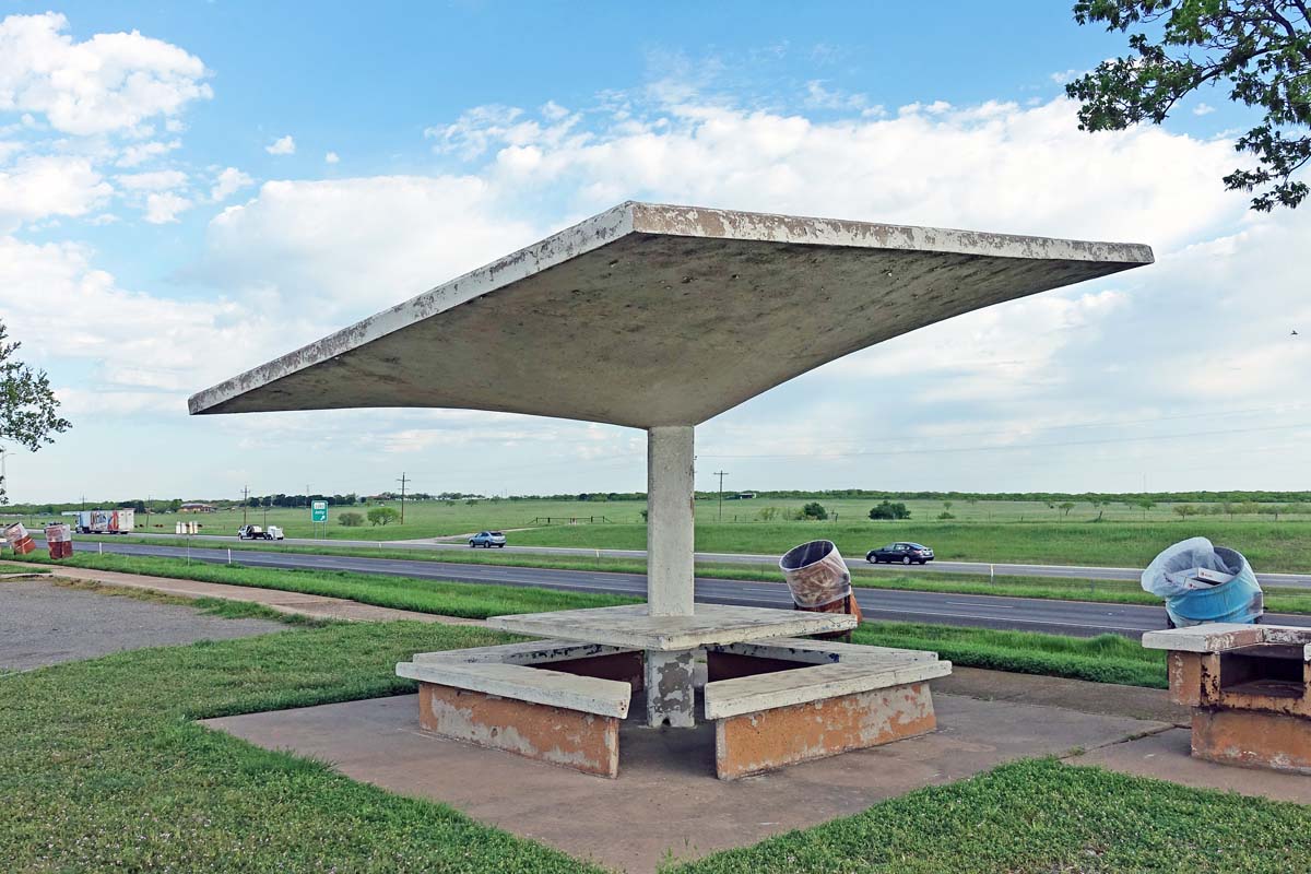 General view 8 of Jolly Rest Area Shelters showing the thin-shell concrete roof in April 2019.