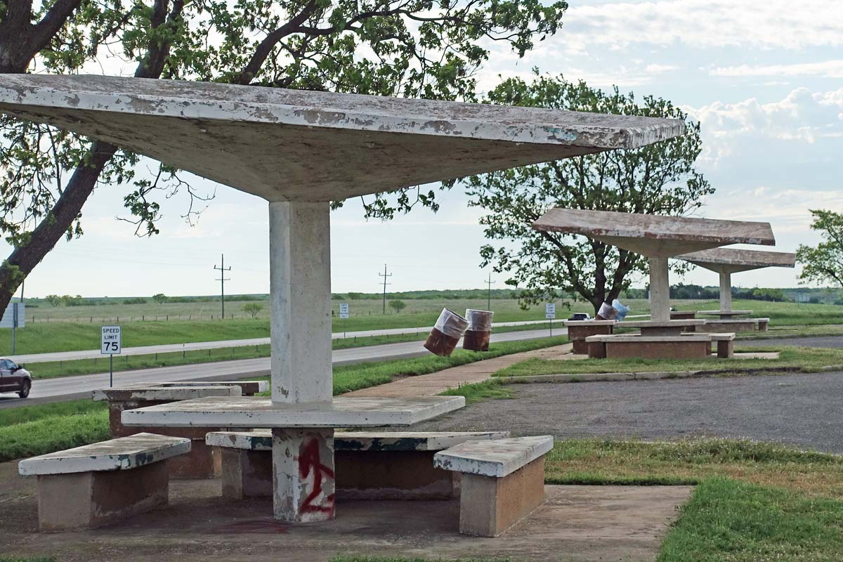 General view 10 of Jolly Rest Area Shelters showing the thin-shell concrete roof in April 2019.